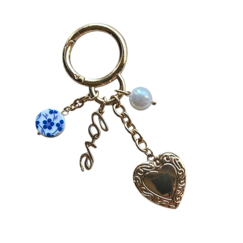 New Gold Heart Charm Keyring/Bag Charm with Love Script and Blue & Pearl Accents